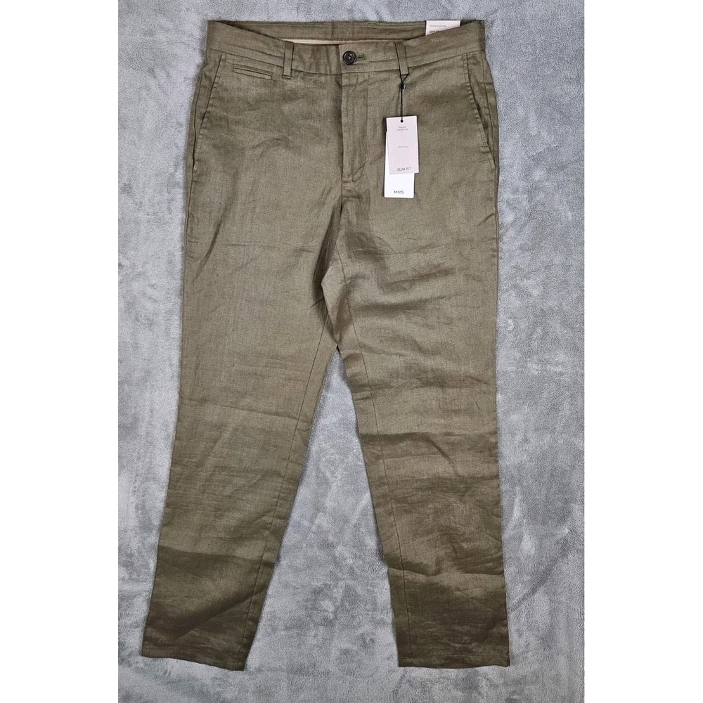 NWT MANGO‎ MNG SLIM FIT OYSTER 100% LINEN GREEN PANTS MENS 31x31 Trouser